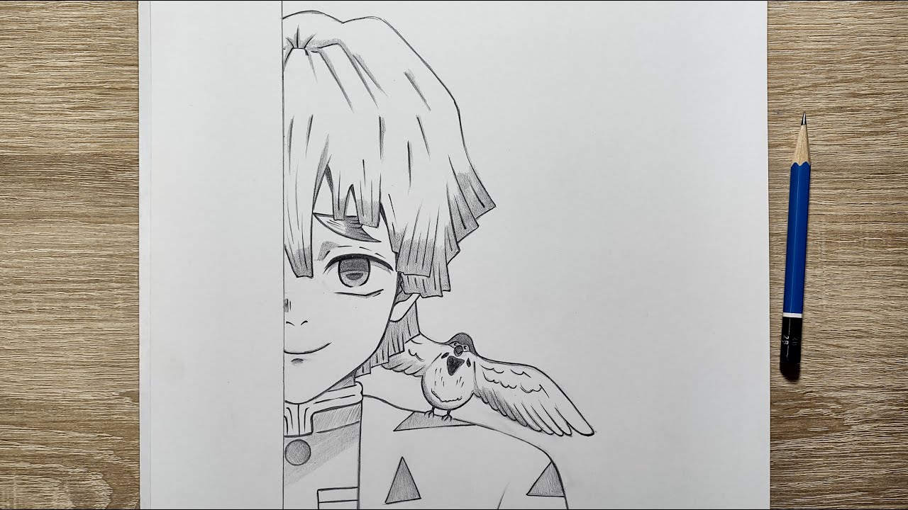 Drawing Zenitsu half face - easy step by step [ Demon Slayer ] | anime drawing half face