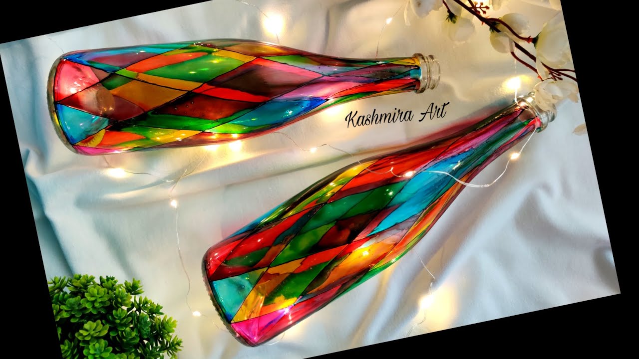 DIY Bottle Art | Glass colours | Stained Glass Bottle Painting Designs | Kashmira Art