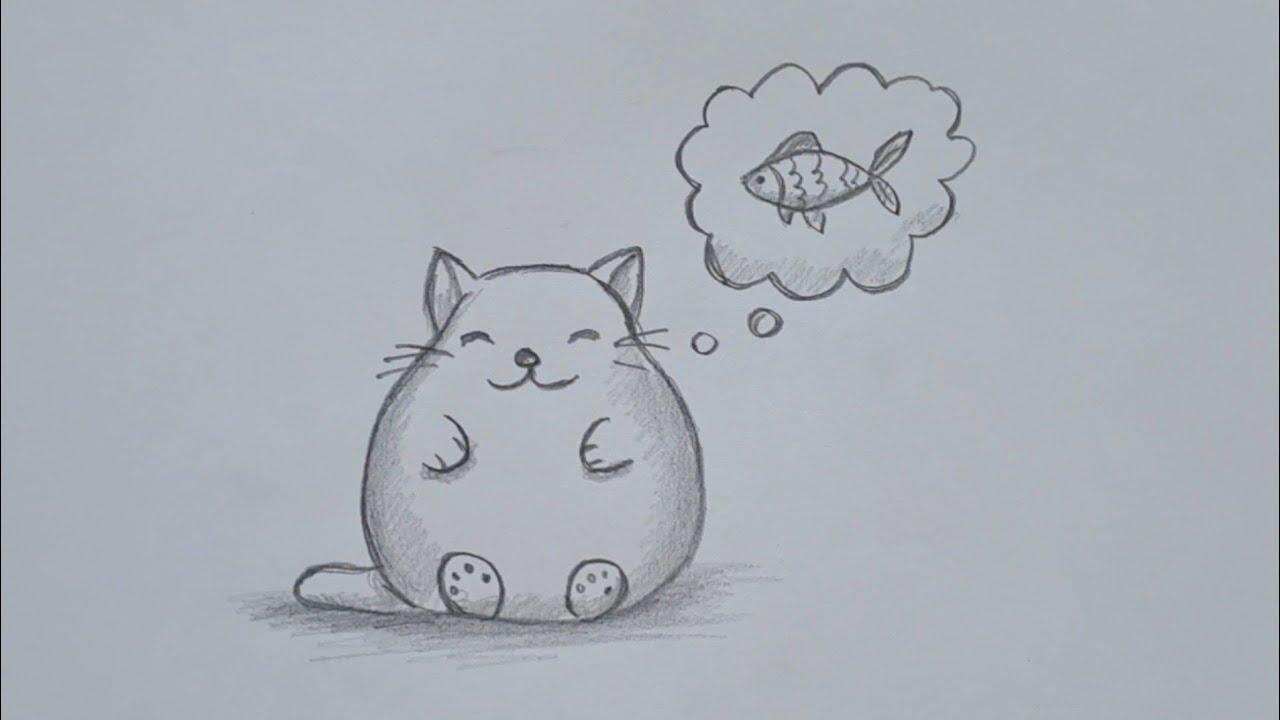 Cómo dibujar un gato soñando con un pescado - dibujos paso a paso