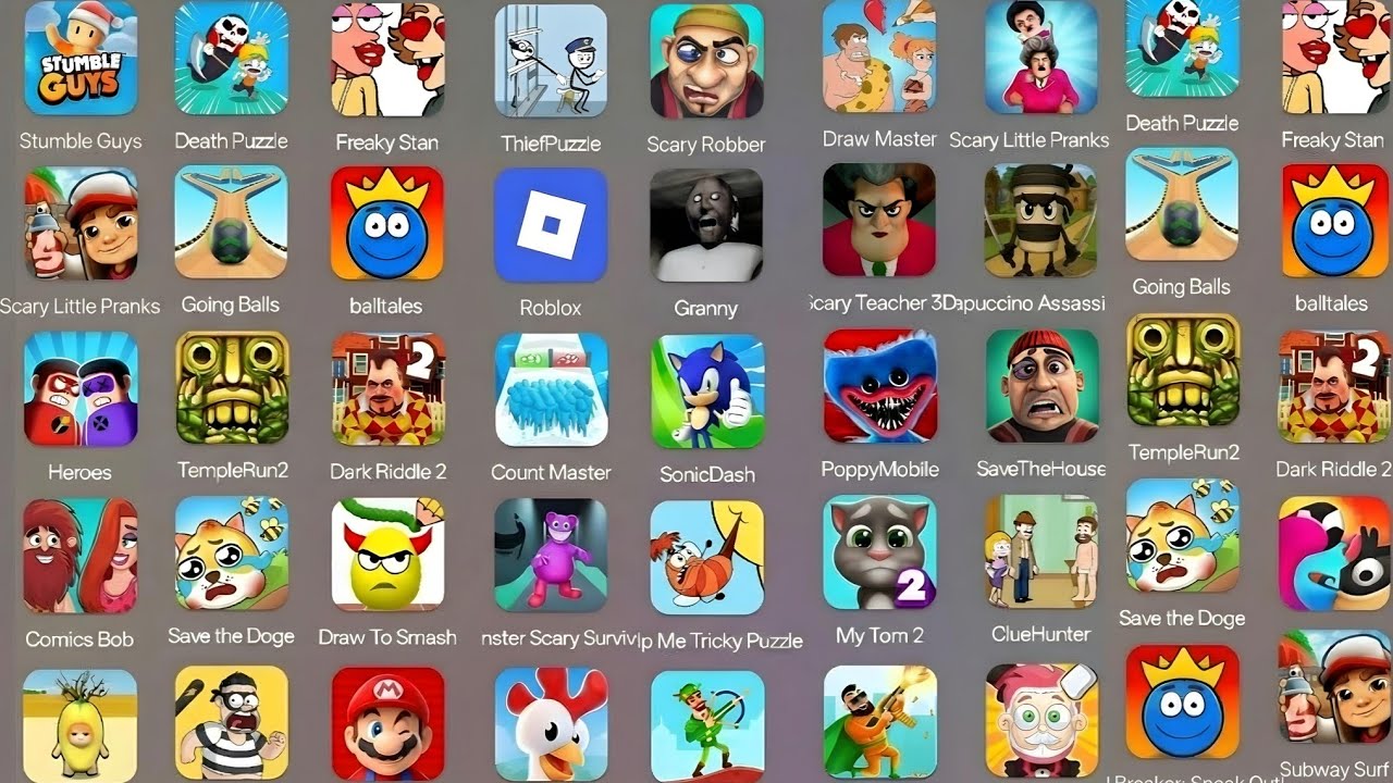 Roblox, Scary Teacher 3D, Minecraft, Save The Fish,Spider Fight 3D,My Tom 2, Freaky Stan,Going Balls