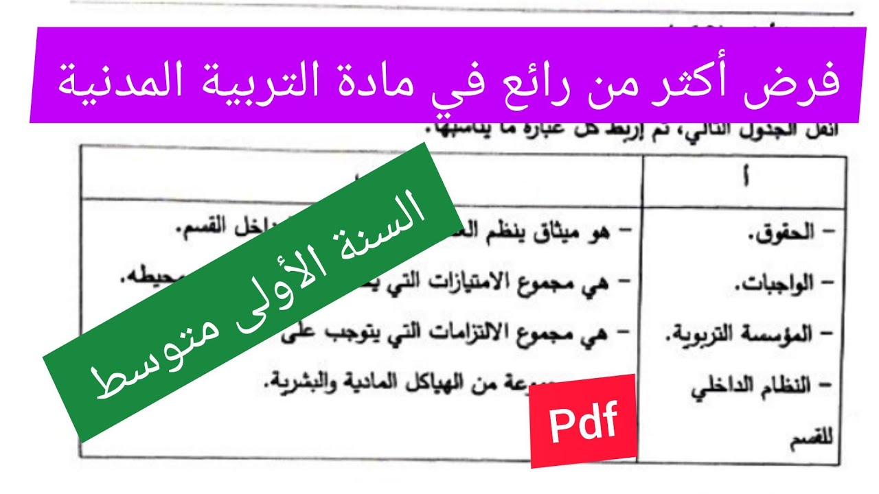 فرض الفصل الثاني في مادة التربية المدنية السنة الأولى متوسط