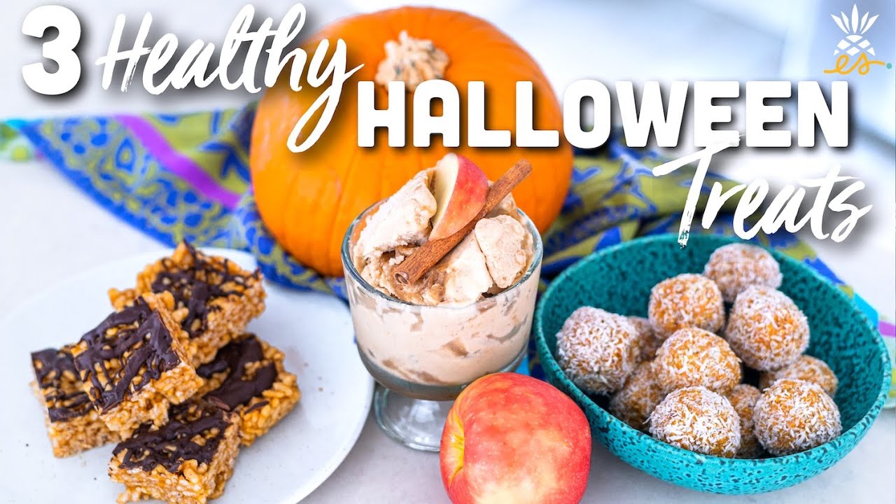 3 Halloween Treats: Pumpkin Spice Rice Crispy Bars, Caramel Apple Nice Cream, Carrot Cake Date Balls