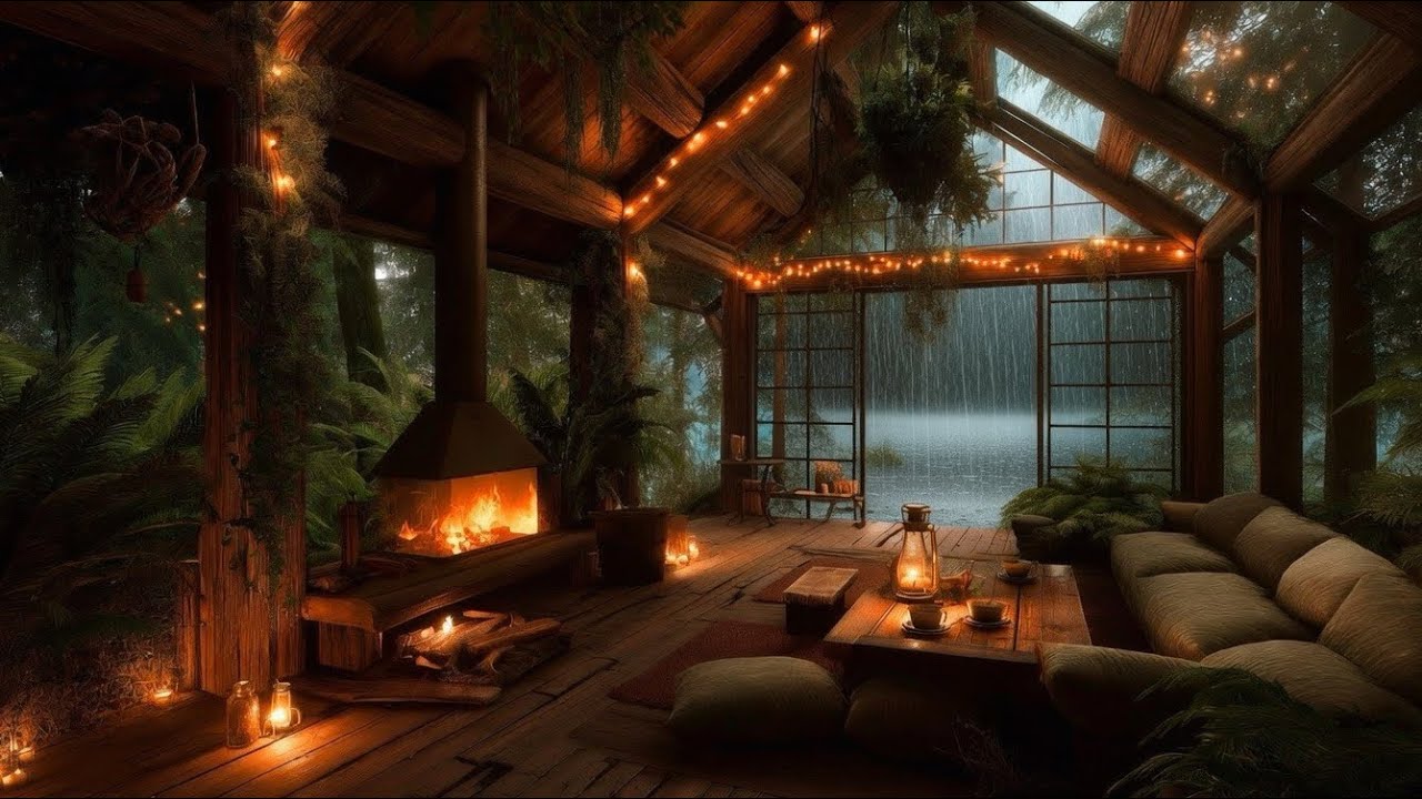 Cozy Lakeside Cabin Ambience | 9 Hours | Gentle Rain, Crackling Fire, Fairy Lights & Soft Music