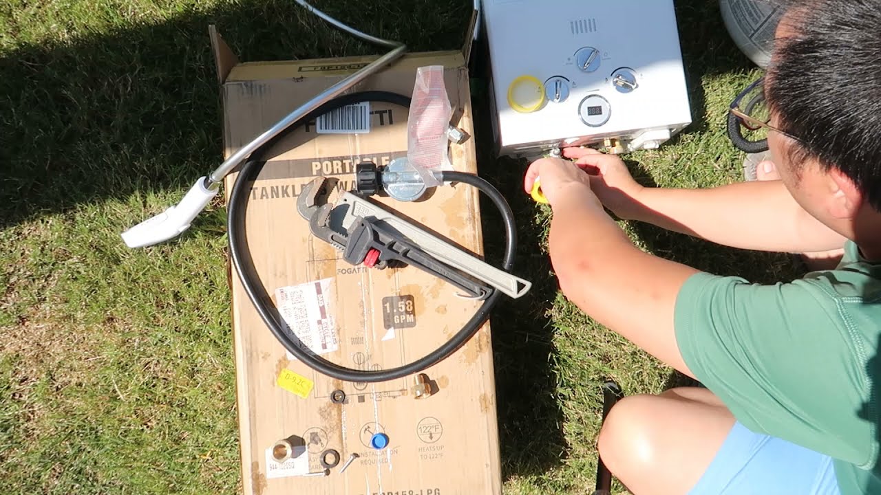 Outdoor Portable Propane Tankless Water Heater by Fogatti, installed in the backyard | Fogatti