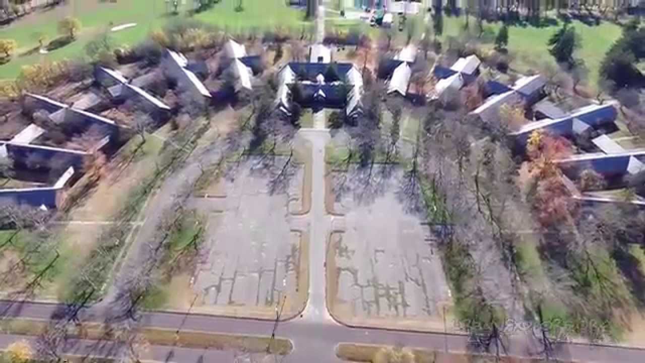Central Islip Psychiatric Center Sunburst - drone aerial fly over asylum