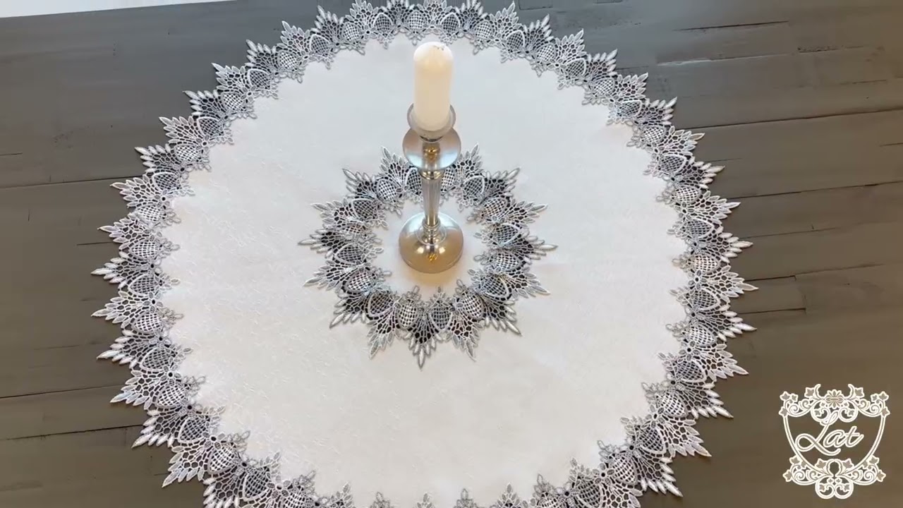 Earth Tone Silver Lace on White Fabric Table Topper 34