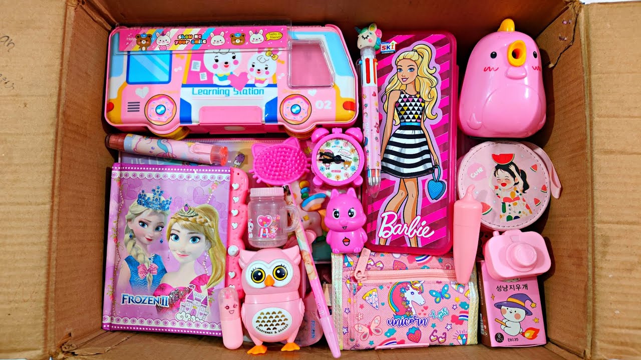 Unboxing Cute Pink Stationery📚, Pencil Box, Sharpener, Unicorn Pouch, Erasner, Pen, Notebook, Pencil
