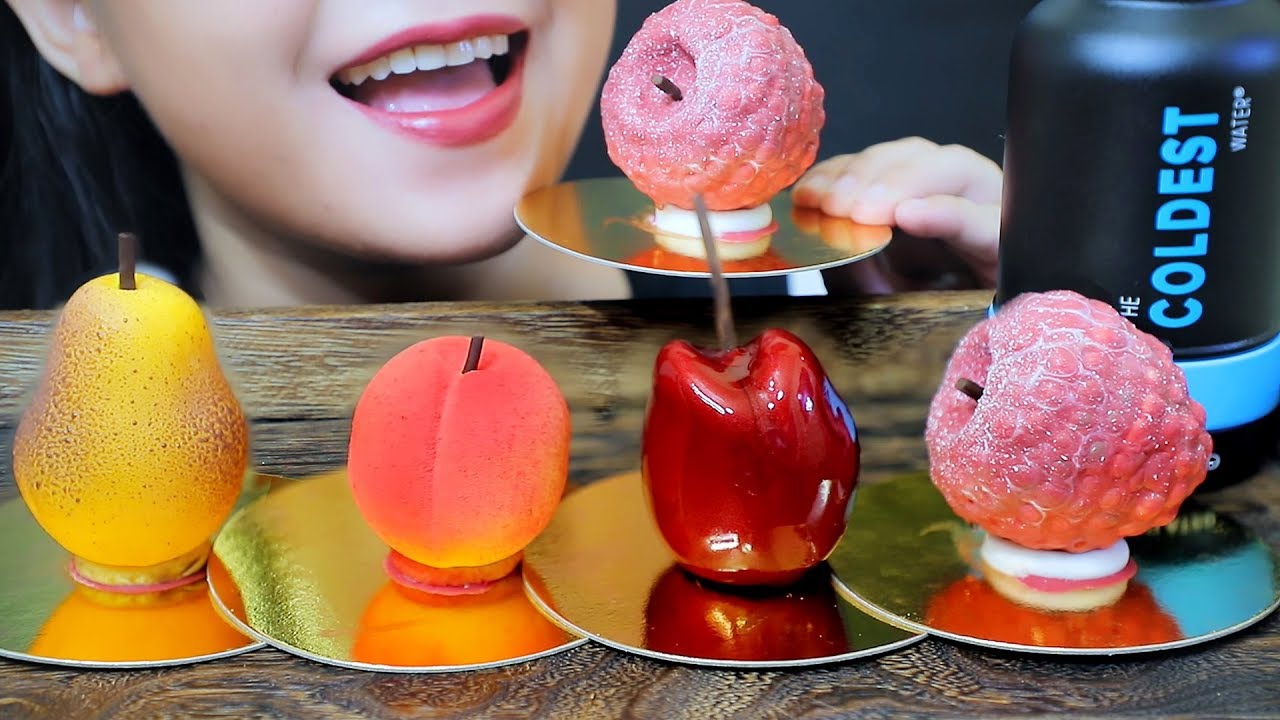 ASMR FRUIT SHAPED PASTRIES CHERRY PEACH PEARL LYCHEE SOFT CRUNCHY EATING SOUNDS | LINH-ASMR