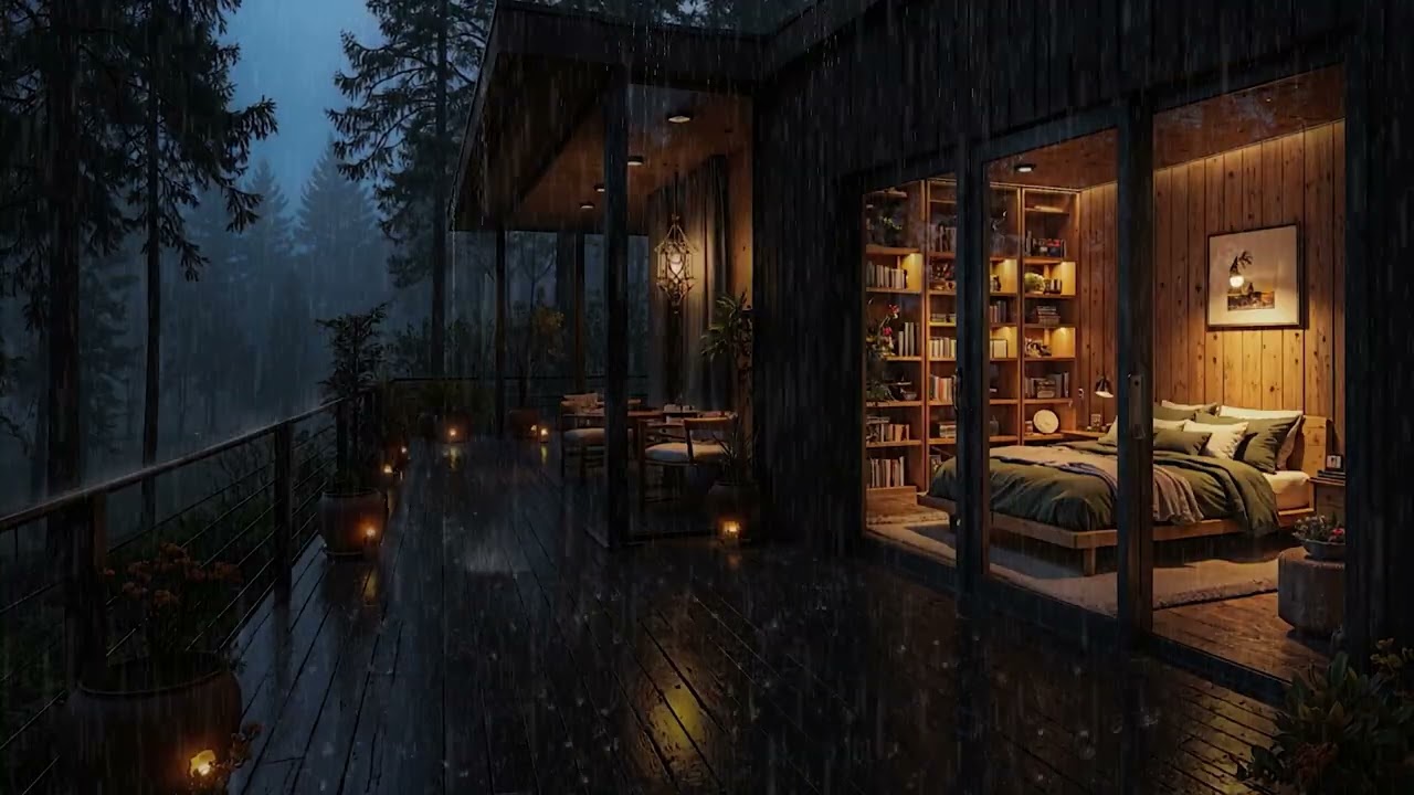 Light Rain Over a Woodland Cabin Roof 🌧️ Calm Indoor Night Sounds for Sleep | 4K – No Ads