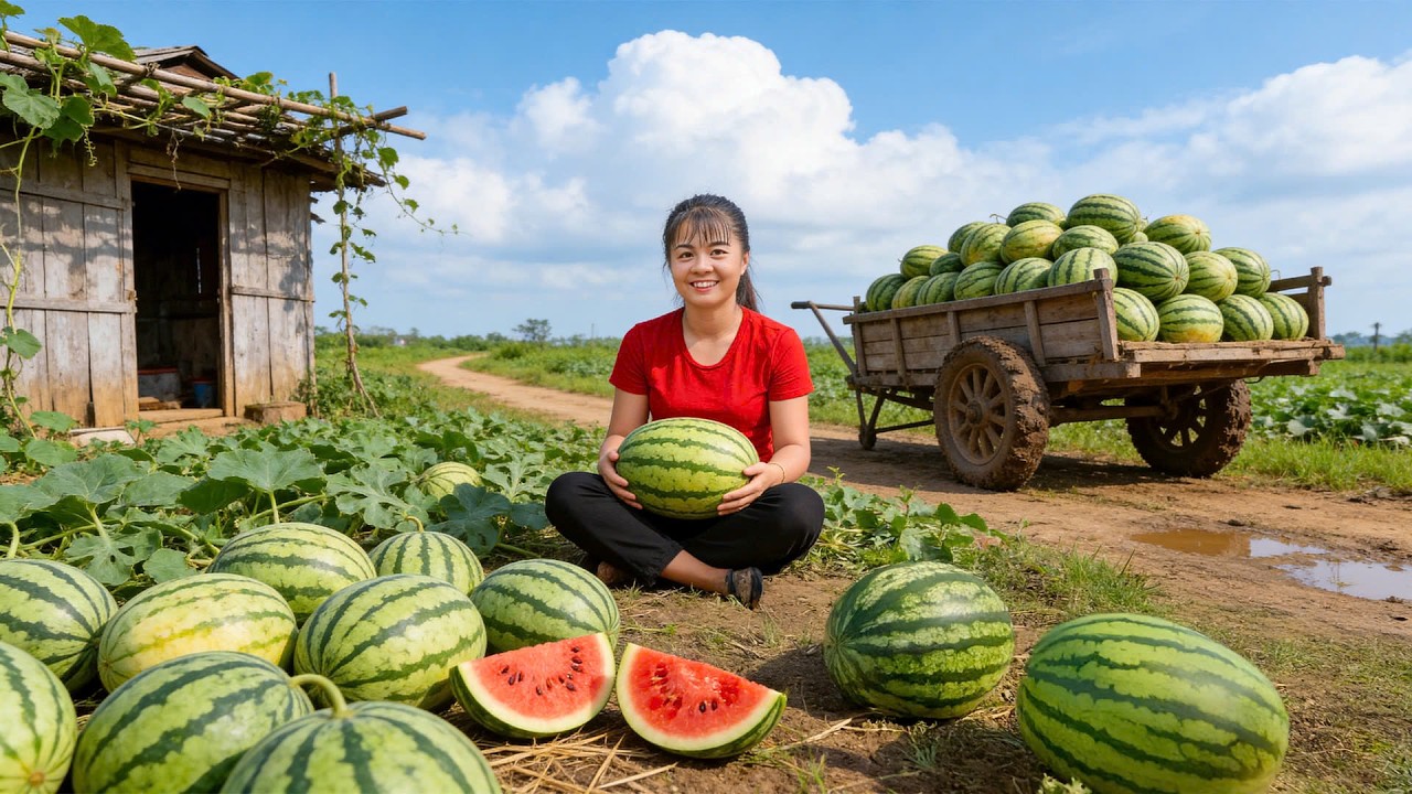 TIMELAPSE -- Harvesting Giant Watermelons and Transporting Them by Truck to Sell in the Village