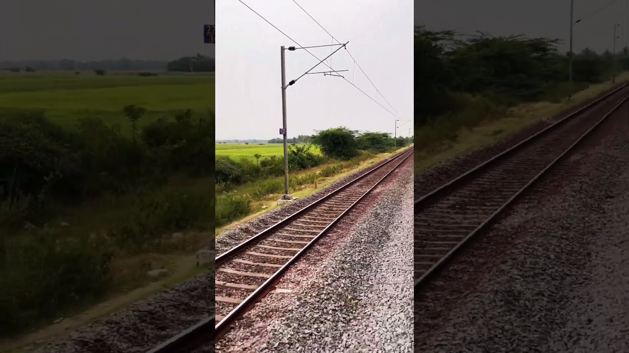 Calm train journey through green fields 
