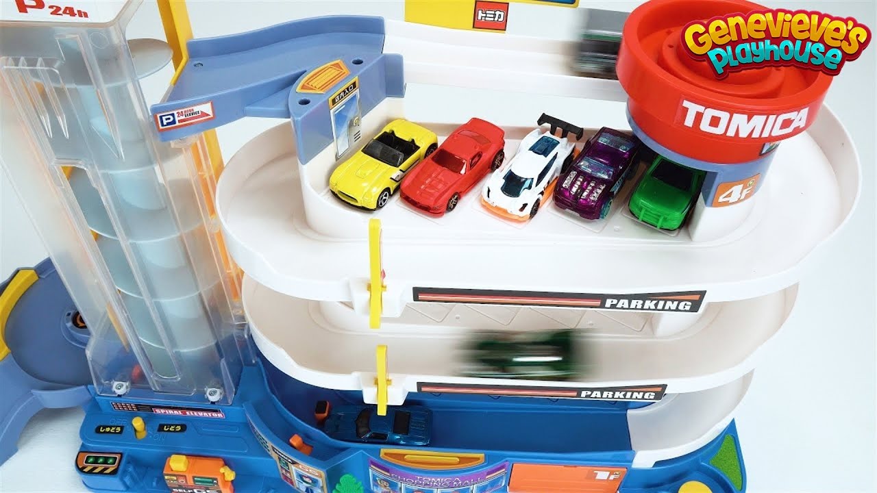Learn Colors with Hot Wheels cars and motorized Tomica Parking Deck!