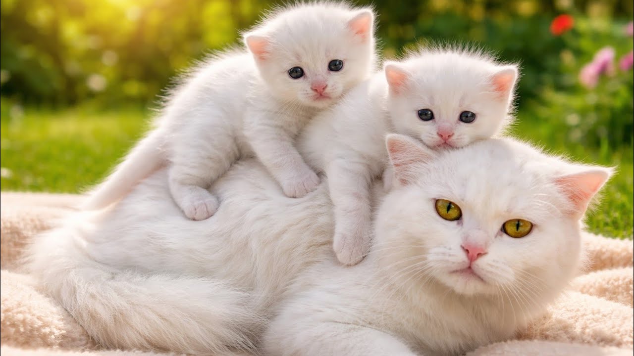 Kittens Are Scared Of Human? Walking On mother Cat To Hide😁