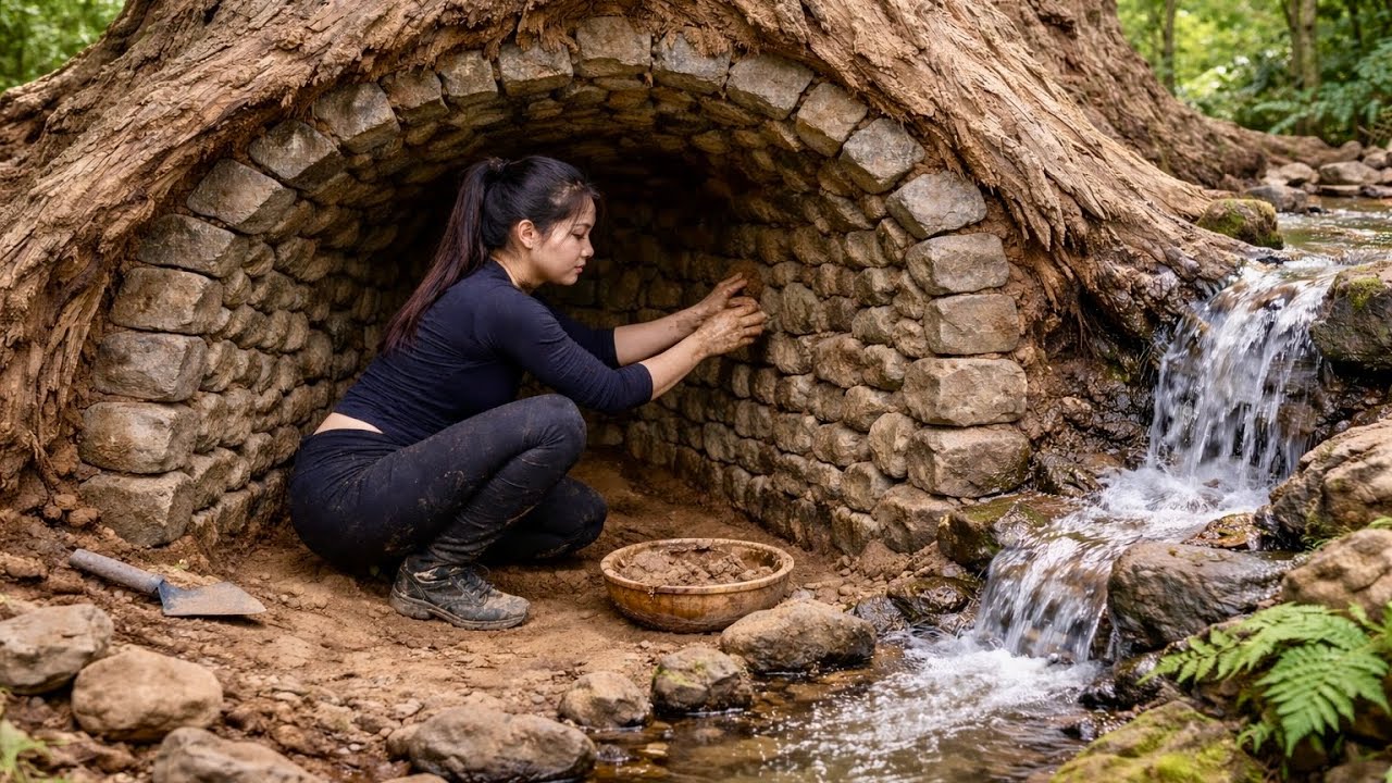 Build a shelter inside a tree trunk and survive alone in the forest.