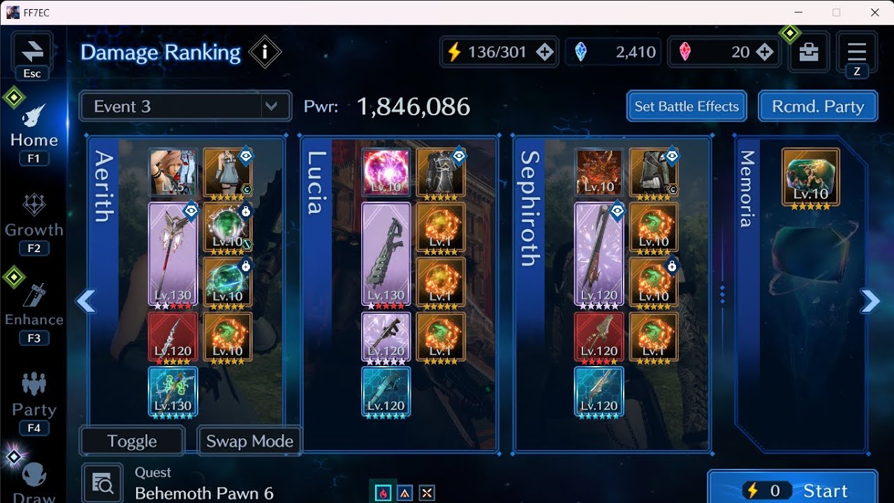 Damage Ranking 1 Behemoth Pawn Top 70 with Young Sephiroth