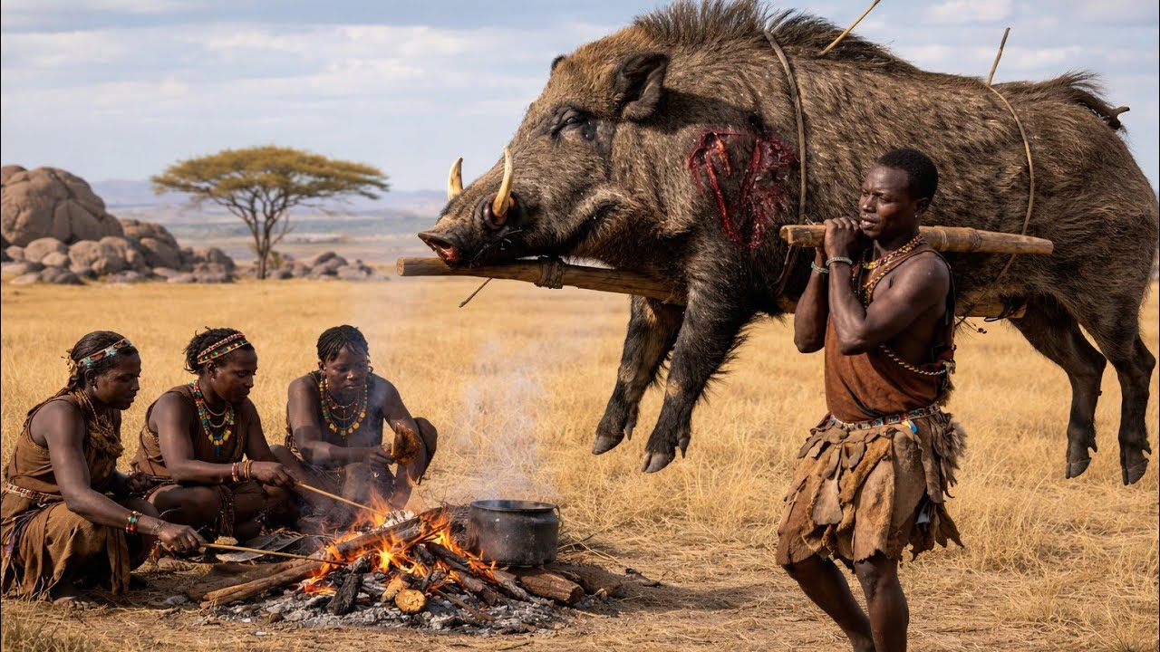 Hadzabe Tribe:  hunt Kudu Cook Delicious Meals Eat  #VillageLife
