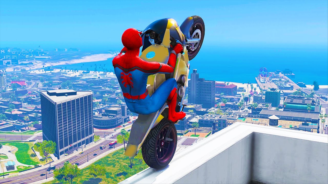 GTA 5 Spiderman Epic Bike Jumps #4 - Spider-Man Stunts & Fails, Gameplay
