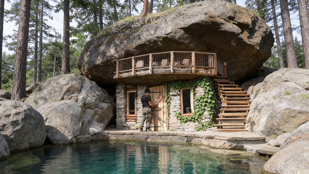 Stone House Hidden Beneath a Massive Rock | Forest Shelter Build