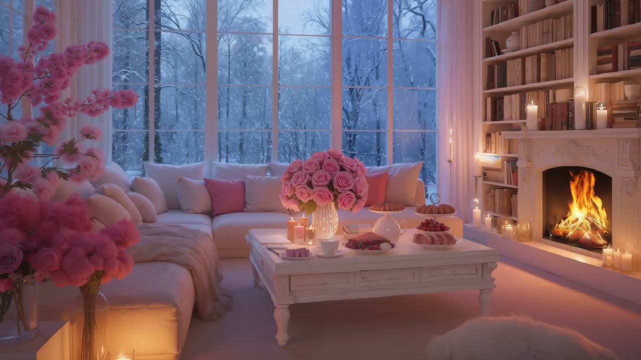 Cozy Pink Living Room 🎵 Soft Piano & Fireplace Sounds | The Most Relaxing Ambience