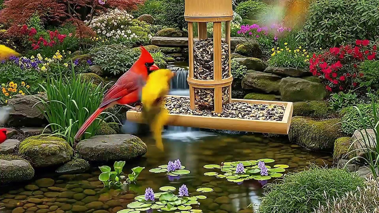 🔴 LIVE 4K Cottage Garden Bird Feeder: Cardinals, Woodpeckers, Song Birds, Bees, Sleep and Flowers