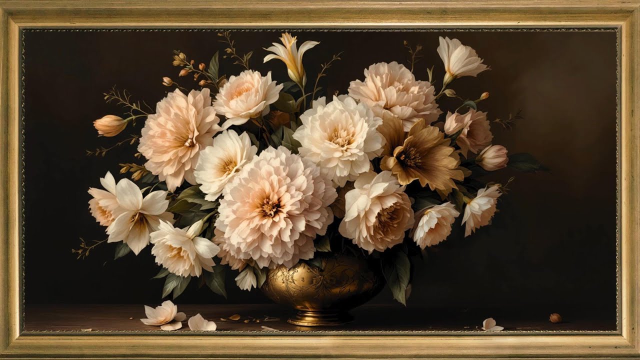 Golden Petals of Spring: Vintage Floral Art Frame TV: A Captivating Blooming Display