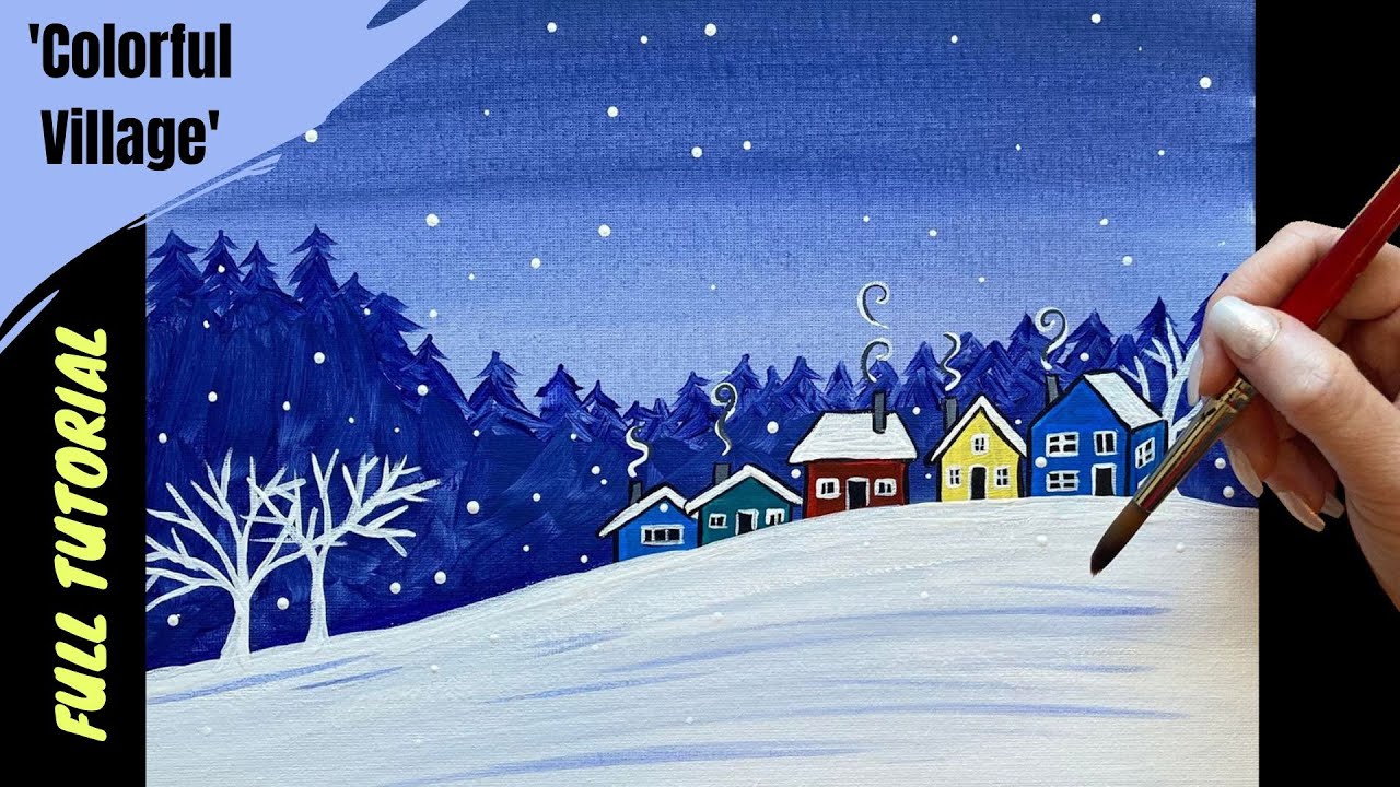 🏠EP133 'Colorful village' quaint village in the snow winter acrylic painting tutorial for beginners
