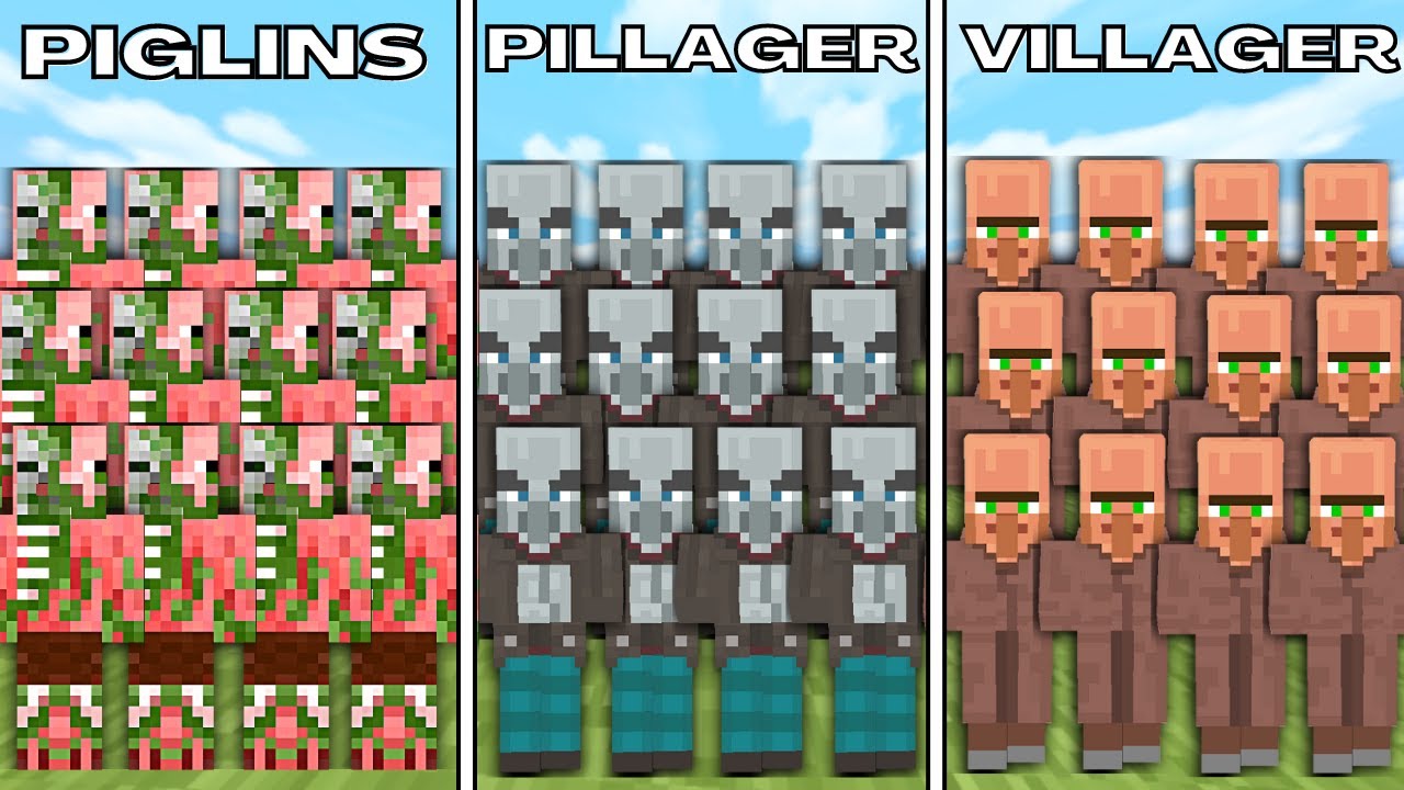 PIGLINS vs PILLAGERS vs VILLAGERS (Minecraft Mob Battle)