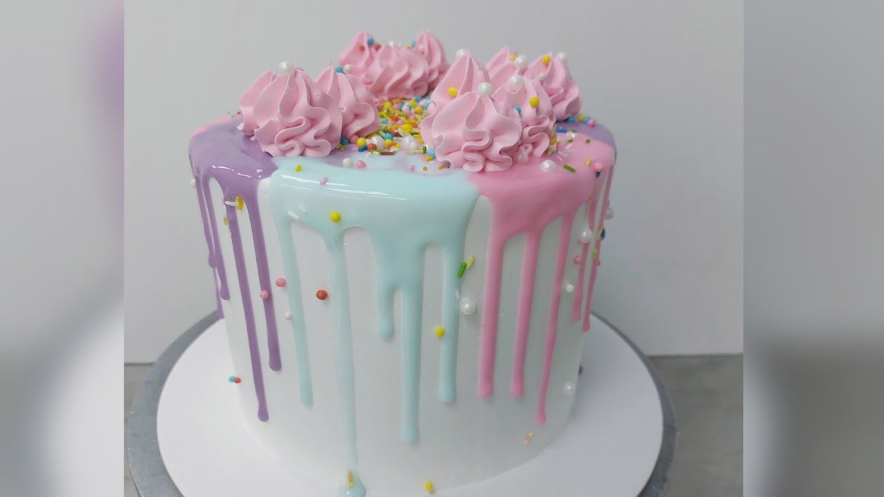 How to make whipped cream cake with colour gel dripping tutorial///