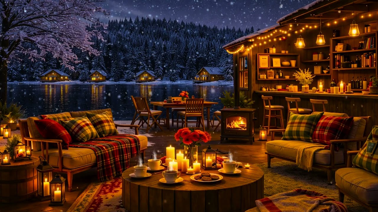 Snowy European Village ❄ Cozy Lake House Jazz Ambience