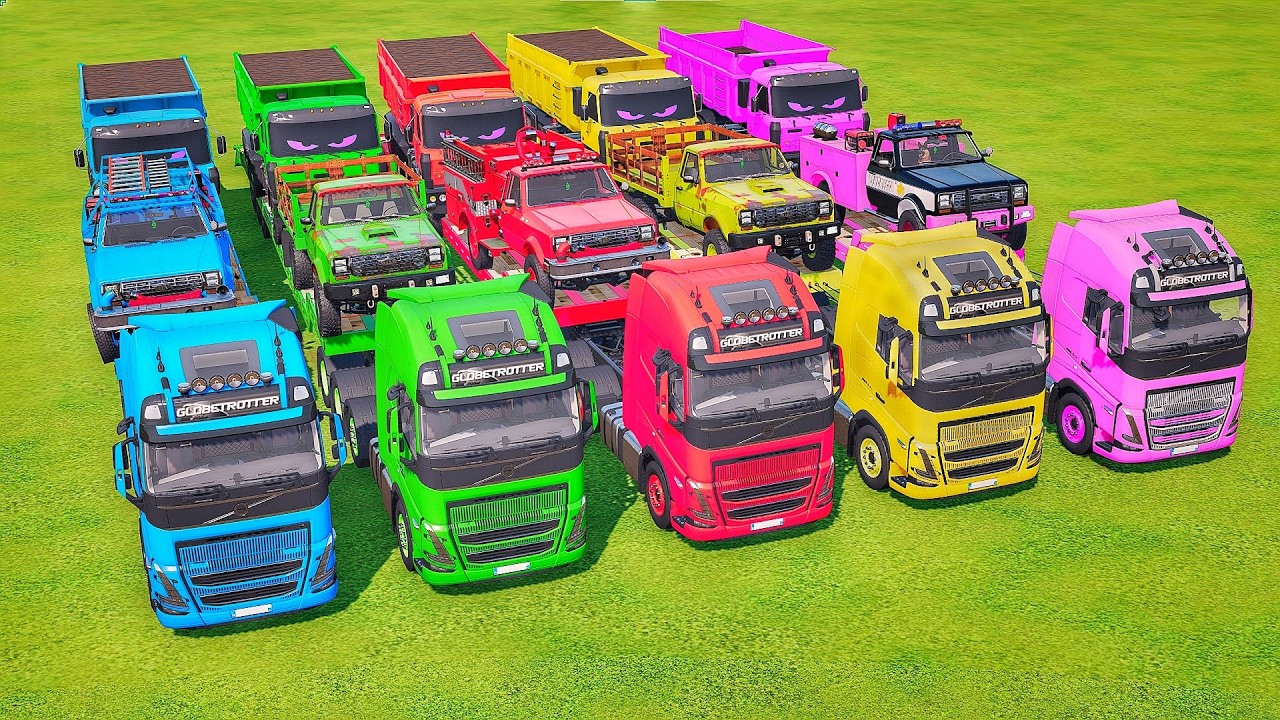 Garage with colors - ALL TRUCK WITH DOBLE FLATBED TRAILER TRUCK, VOLVO, DAF, INTERNATUONAL