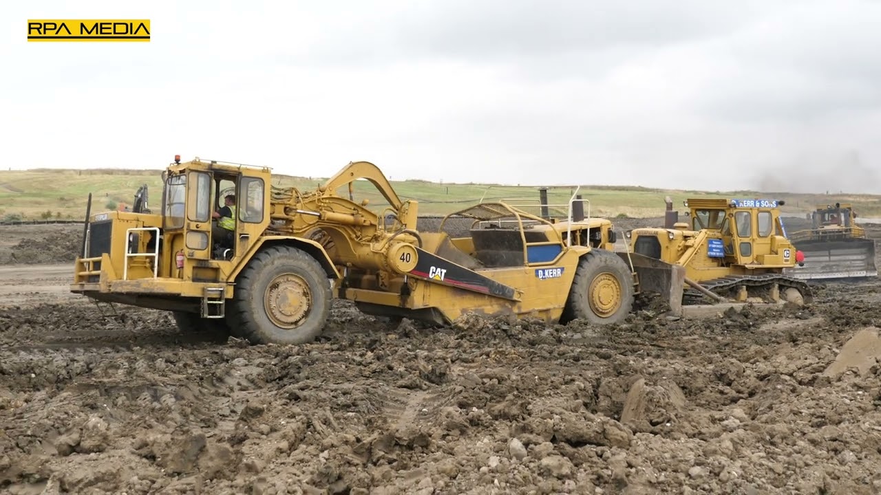 Classic Caterpillar earthmoving with 637 and 621 scrapers and D9 tractors