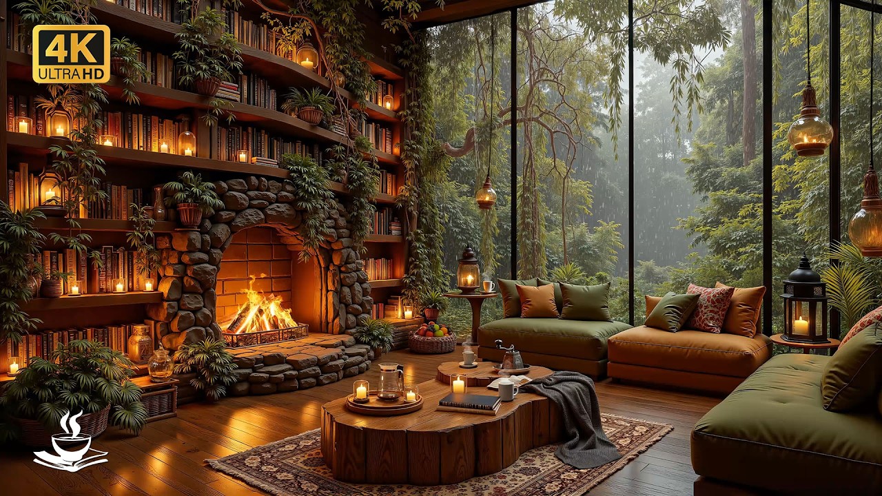 Glasswall Jungle Library Jazz with Hearth Embers | Slow Chapters, Quiet Study & Candlelit Hours