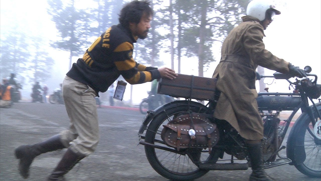 2012 Motorcycle Cannonball: Team #80 Shinya Kimura 1915 Indian Stage 10 Start: Yellowstone