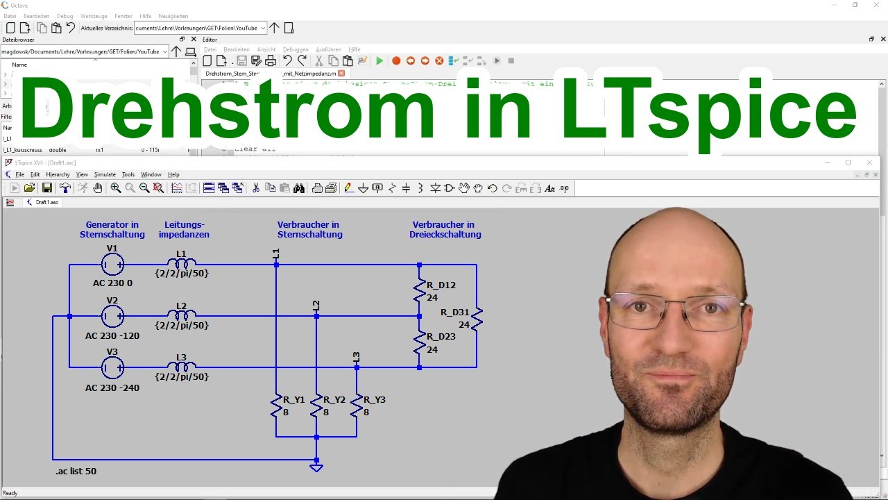 Drehstromsystem mit ⅄-⅄-△-Schaltung und Leitungsimpedanz – Simulation aller Ströme und Spannungen