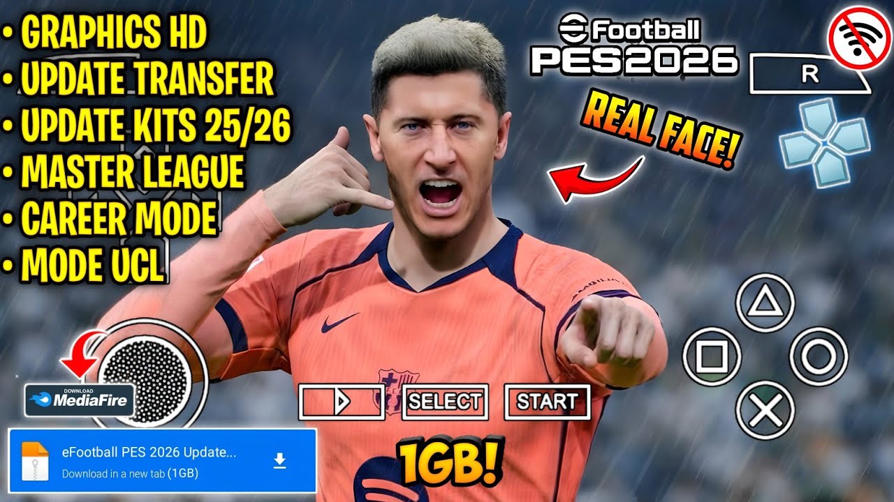 eFootball PES 2026 PPSSPP Android Offline Full Update UCL & League Kits 25/26 Season 4k Graphics