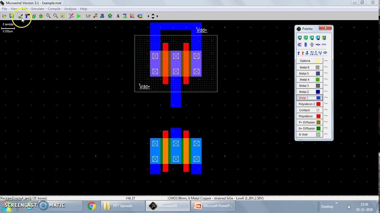 Layout design of Two input NAND logic using Microwind