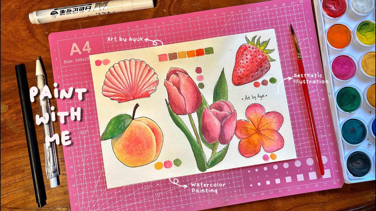 Aesthetic Watercolor Art | Tulips, Strawberries & Chill🍑🌷