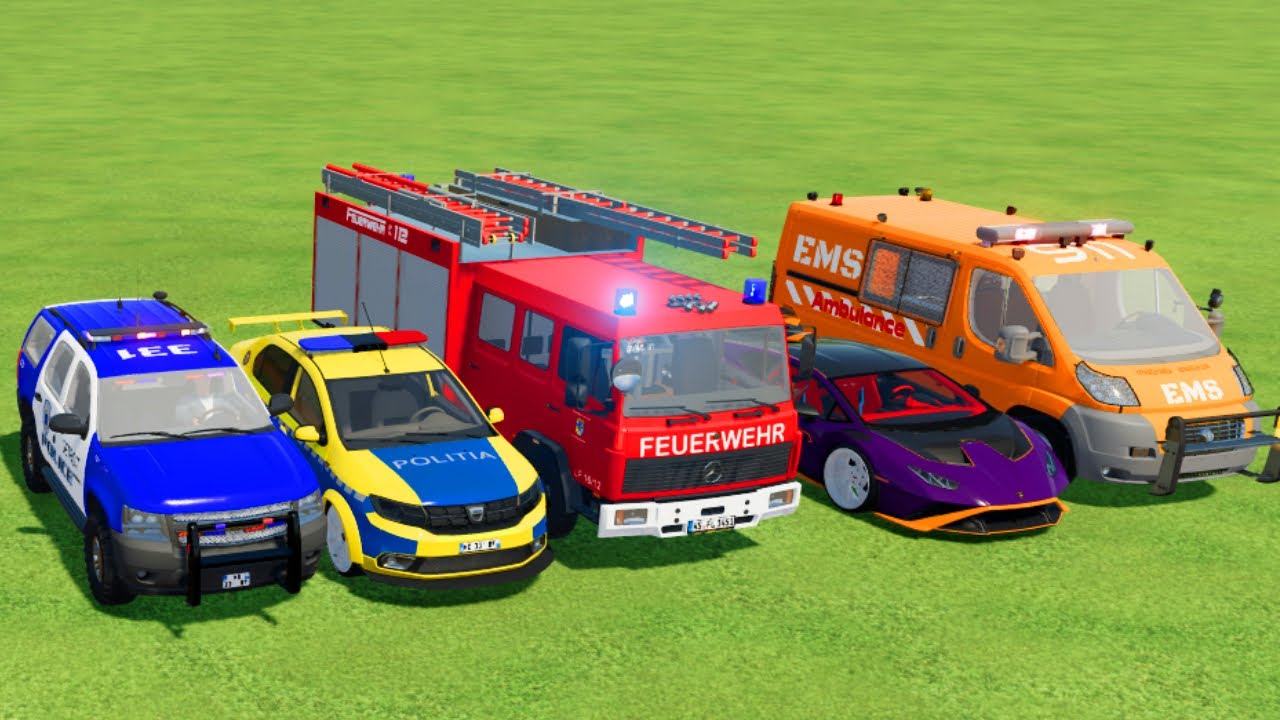 POLICE CAR, FIRE TRUCK, AMBULANCE, COLORFUL CARS FOR TRANSPORTING! -FS 22