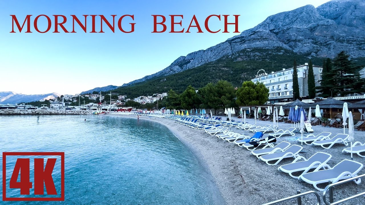 Baska Voda Beach - Morning Walk Beach, 4k Beach Walk - Croatia Best Beach, Summer Walk 2023