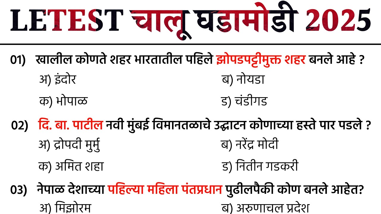 Current Affairs Marathi 2025 | चालू घडामोडी जानेवारी ते ऑक्टोंबर महिन्याच्या Letest Current Affairs