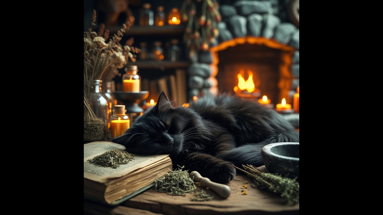 Witchy Black Cat by Fireplace 🐈‍⬛🔮 | Cozy Cottage Ambience for Deep Sleep (10 Hours)