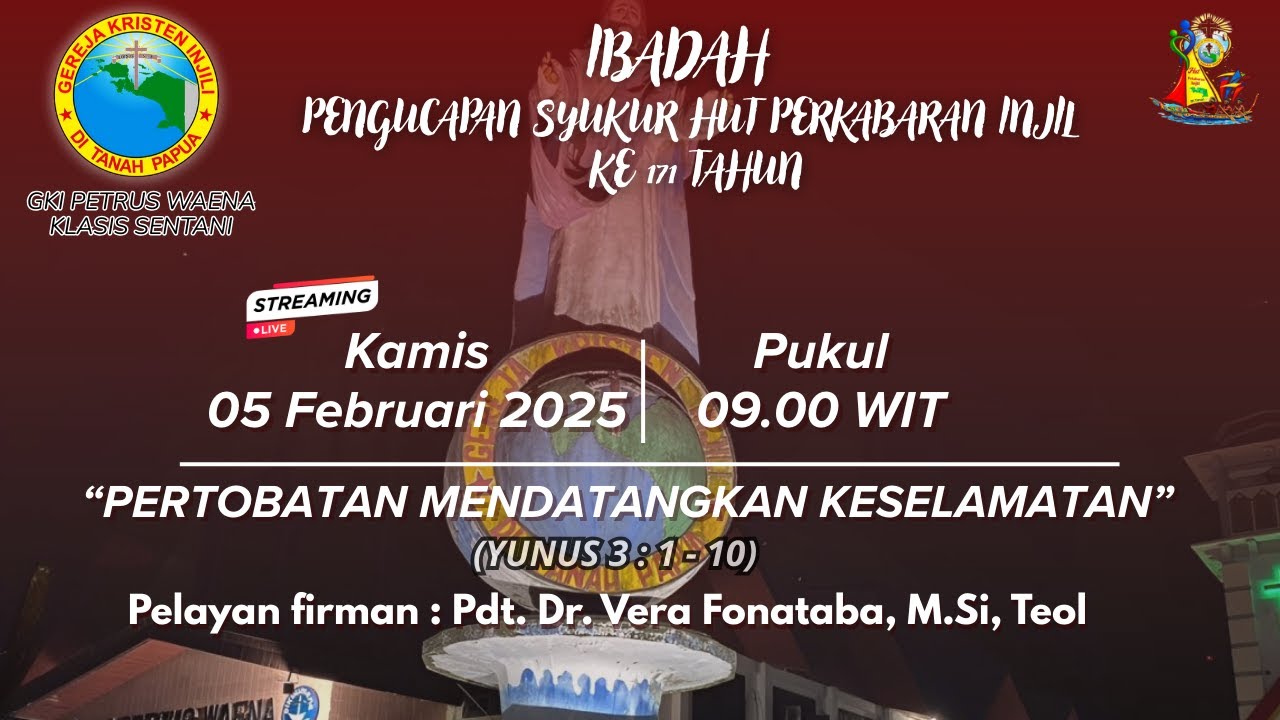 IBADAH SYUKUR HUT PI KE 171 TAHUN | JEMAAT GKI PETRUS WAENA | KAMIS, 05 FEBRUARI 2026 |  09.00 WIT