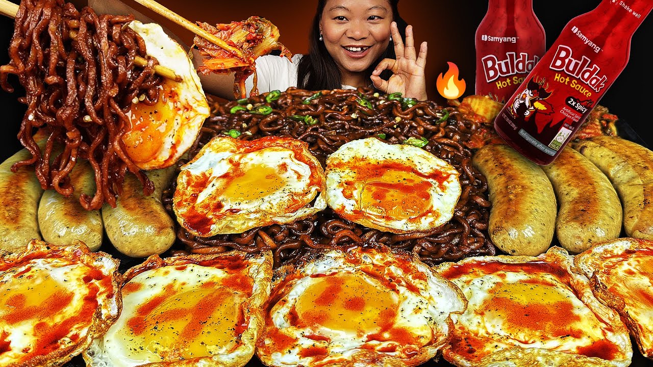 🔥 Ultimate Spicy Black Bean Noodles Challenge | 2x Buldak Sauce + Sunny Side Egg & Juicy Sausages 🍜