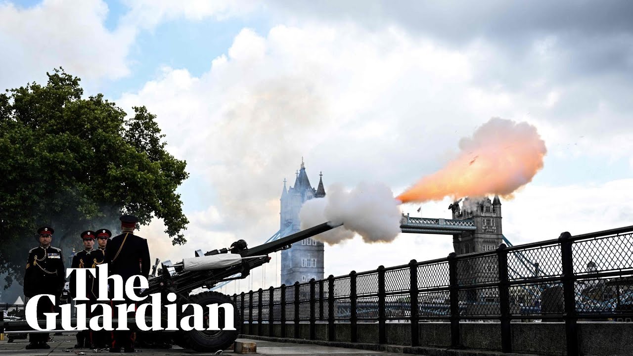 Ninety-six-round gun salutes fire for the Queen
