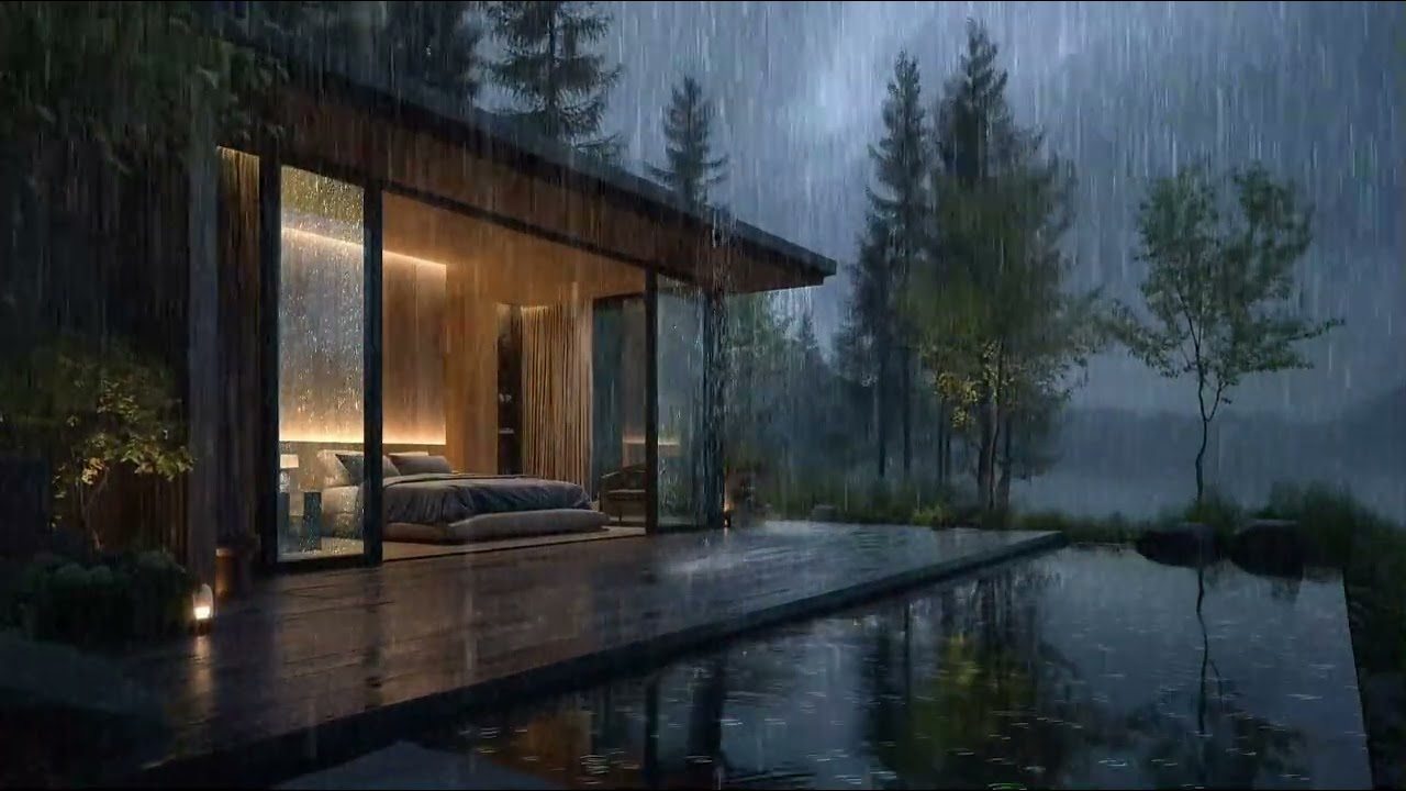 🎄Heavy Rain at a Modern Forest Cabin — Warm, Cozy Interior for Sleep & Relaxation
