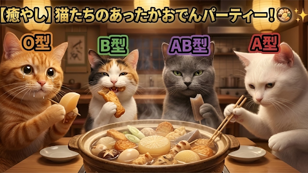 【癒やし】寒い日はこれ。猫たちのあったかおでんパーティー🥘✨ 血液型別の性格も！