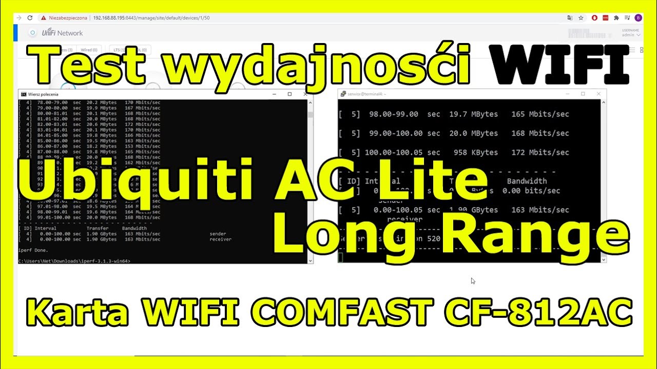Test wydajności iperf3 sprzętu Ubiquity ac lite long range przez kartę wifi COMFAST CF-812AC