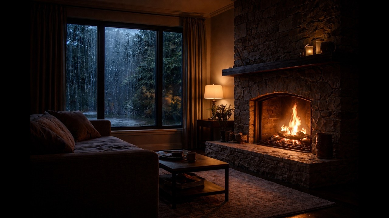 Cozy Fireplace with Rain 🌧️🔥 Dark Room Ambience for Sleep (1 Hour)