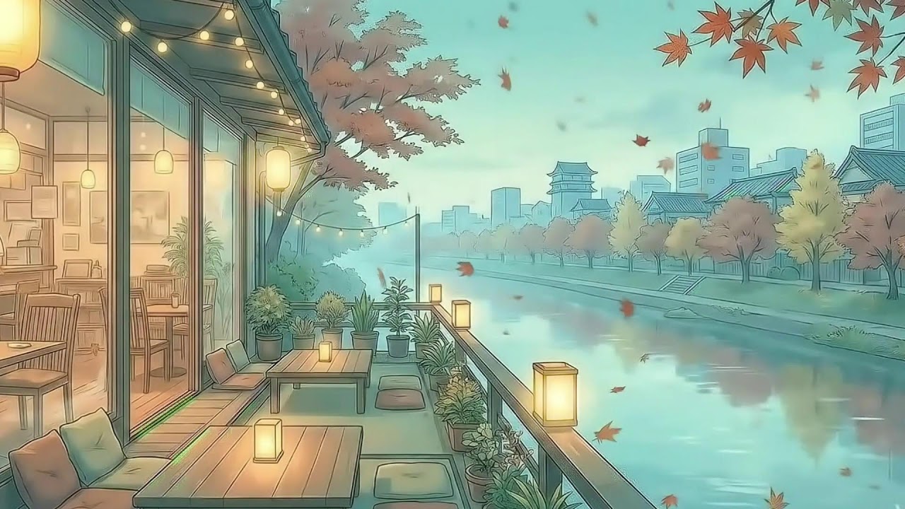 🍁 Cozy Autumn Lofi Jazz Ambience | Japanese Riverside Cafe (Ghibli Anime Art) 4K Relax