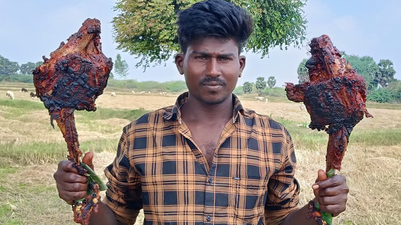 MUTTON LEG GRILLED RECIPE/full mutton leg cooking in village nanban cooking channel